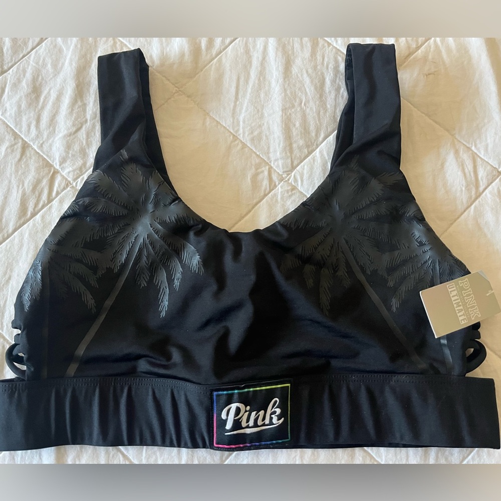 BRAND NEW PINK Victoria's Secret Black Palm & Strappy Design Sports Bra